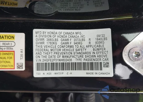 2022 Honda Civic Sport from USA, damaged, VIN 2HGFE2F51NH602436